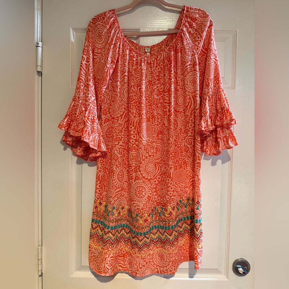 Uncle Frank Large Coral Pink Embroidered Boho Shift Dress Bell Sleeves